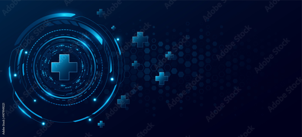 Obraz premium Health care concept with digital glowing blue HUD circle for medical technology background. Digital health insurance idea and access to welfare. Vector illustration