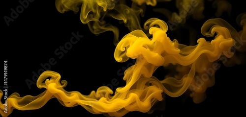 Dense yellow smoke billows against a stark black backdrop, contrast, wispy