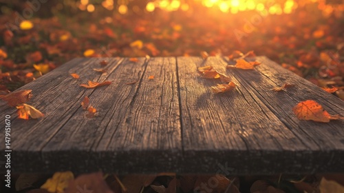 Autumnal Serenity: A Wooden Table Adorned with Fallen Leaves at Sunset