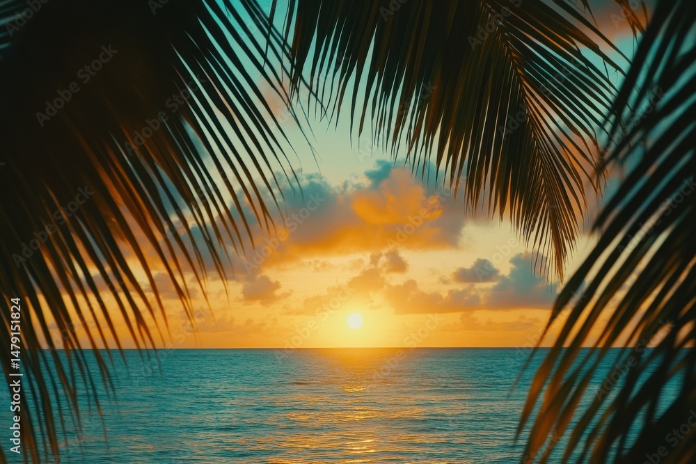 Fototapeta premium Silhouetted palm leaves frame a serene ocean sunset on a tranquil evening, 4k Palm leaves silhouetted in front of the ocean at sunset