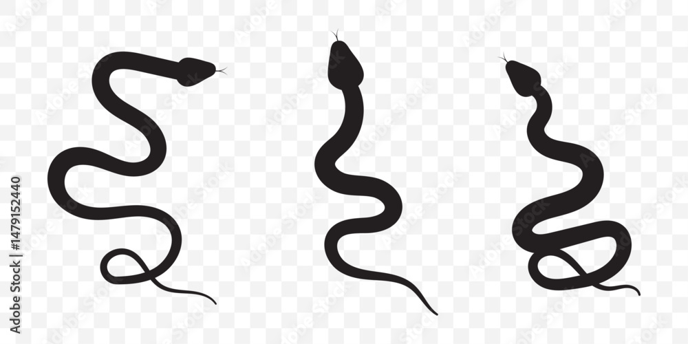 Fototapeta premium Snake animal black silhouette icon - designs for jungle animals snake Safaris, wildlife, rainforest, vector on transparent background. EPS 10.
