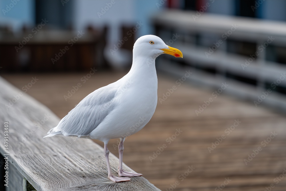 Obraz premium Seagull Standing on Wooden Rail with Ocean Background