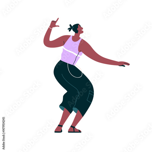 Happy dancing person from behind, back view. Energetic female in festive cele...