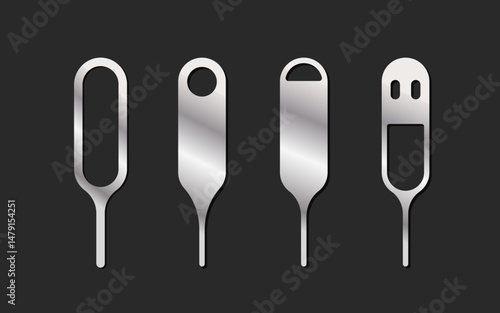 Sim ejector. Set of Silver pin icons. Flat design. Vector illustration isolated on black background.