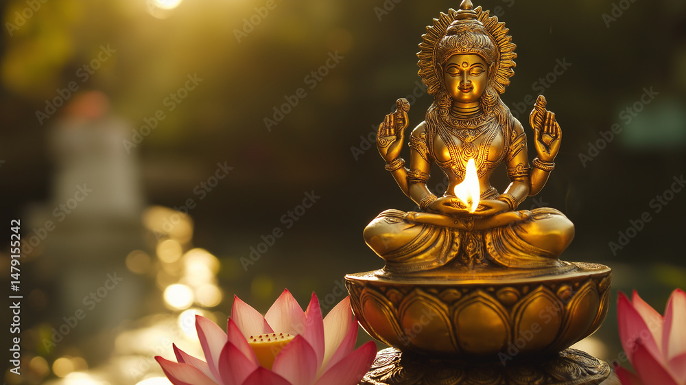 Obraz premium Devotees gather in a peaceful garden to offer lotus flowers to the money goddess at dawn Generative AI