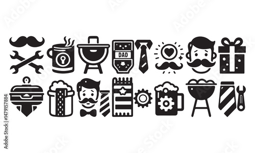  Father's day flat icon set celebratory dad symbols for holiday gifting tie, barbecue, wrench, mug, socks, medal, mustache, portrait vector