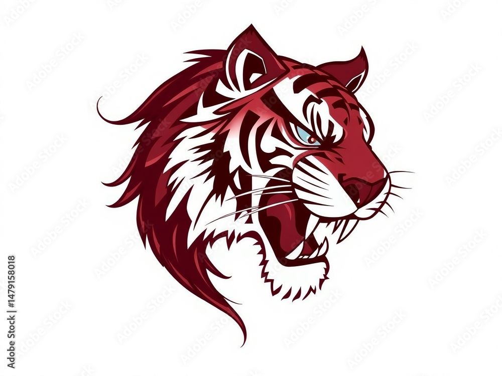 Fototapeta premium Stylized Burgundy Tiger Head in Roaring Profile with Tribal Tattoo-Inspired Patterns on White Background