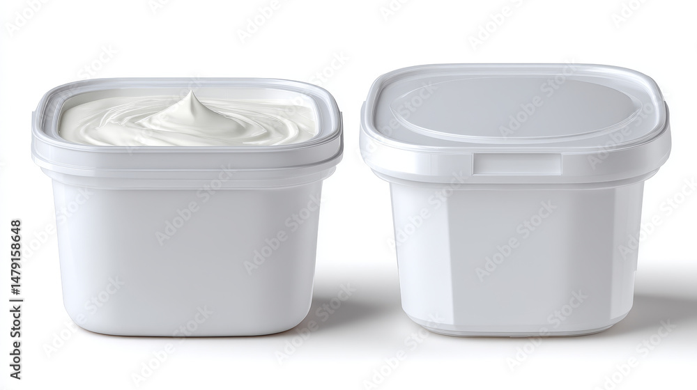 3d realistic vector icon set. Dairy yogurt mockup. White sour cream plastic box with lid. Side and top view. Isolated on white background. 3d realistic vector icon set. Dairy yogurt mockup. White sour cream plastic box with lid. Side and top view. Isolated on white background.