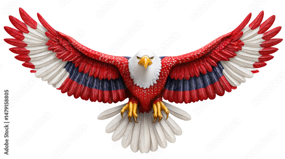 Obraz premium Majestic Bald Eagle with Red, White, and Blue Feathers Soaring Through the Sky for Symbolic Representation