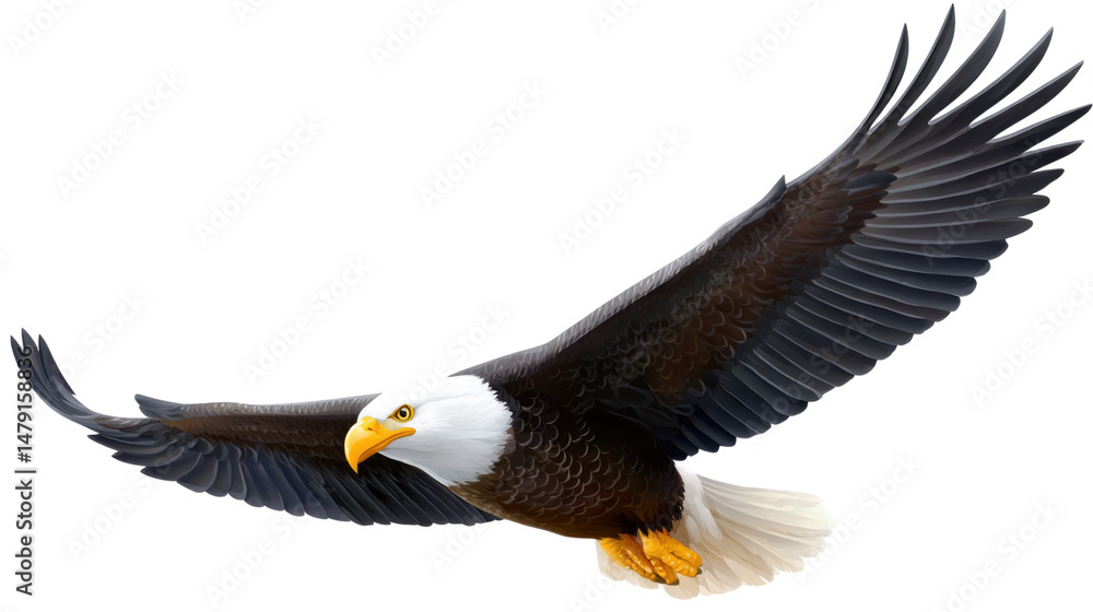 Fototapeta premium Majestic Bald Eagle in Flight Showcasing Powerful Wings and Distinctive Features Against a White Background