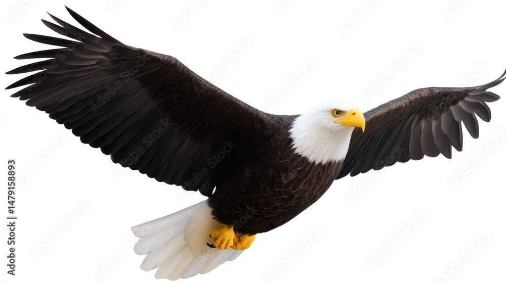 Obraz premium Majestic Bald Eagle in Flight Against a Bright Clear Sky with Detailed Feather Patterns and Sharp Beak