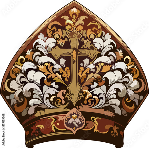 Baroque Papal Mitre Vector with Ornate Gold Cross and Intricate Flourish Design – Royal Catholic Bishop Hat Clipart on White Background