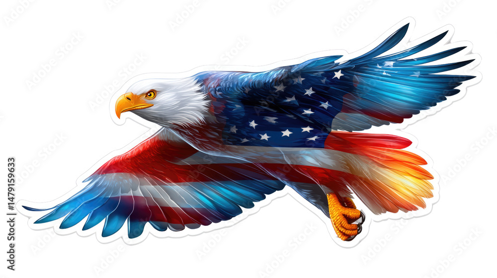 Obraz premium Majestic American Eagle with Colorful Flag Design in Flight Over a White Background