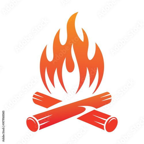 Outdoor Bonfire Icon, Red Campfire with Wood Logs for Adventure or Nature Theme