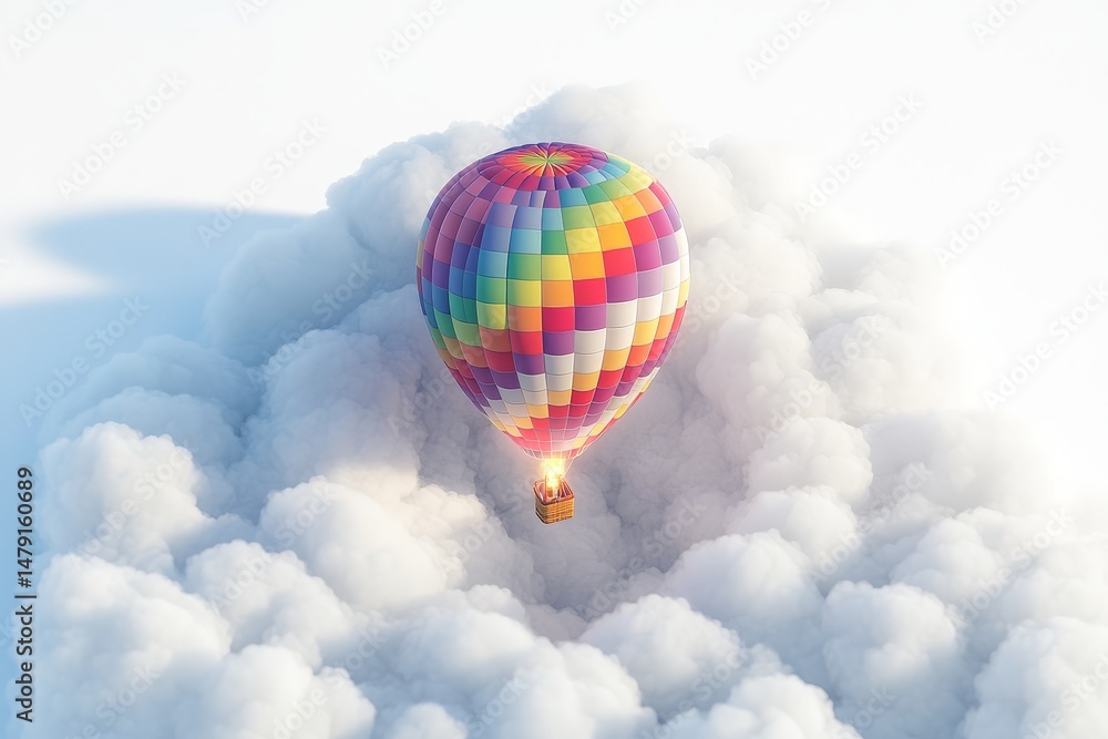 Naklejka premium Hot air balloon festival with checkered envelope patterns, rainbow gondola ropes, and burner flame heat distortion on white clouds. Clean, minimalist design, professional lighting, high detail, and 8k