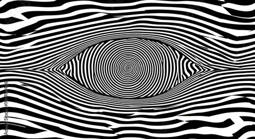 A black and white digital doodle features a trippy, eye-like pattern with lines forming the eye's shape