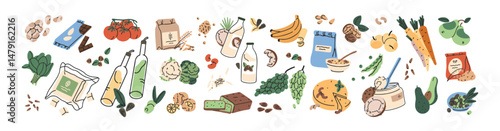 Set of vegan food. Healthy nutrition. Natural eating for vegetarians. Grocery products for veggie: soy beans, alternative milk, fruit, vegetables, tofu. Flat isolated vector illustrations on white
