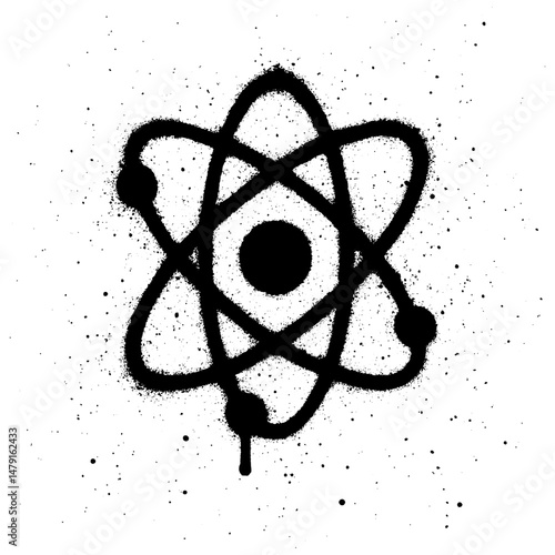 black and white graffiti style illustration of an atom symbol with a spray paint texture.