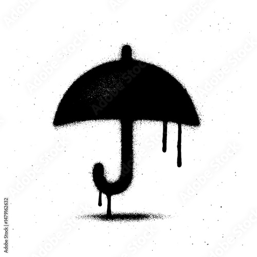 Graffiti Spray Black and White Umbrella Icon with Dripping Paint.