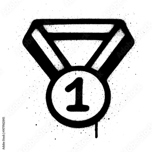 Black and white graffiti art of a first place medal with bold spray paint lines and dripping ink effect.