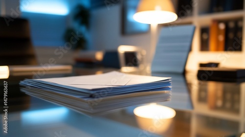 Stacked envelopes on a glass desk in a dimly lit office
