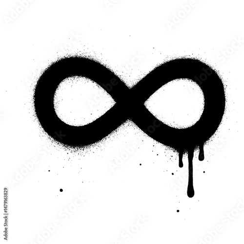 bold black infinity symbol created with spray paint in graffiti style. The design features paint splatter and dripping ink effects on a clean white background, giving it a modern, urban, and edgy look