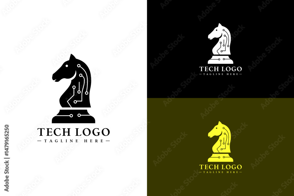 Fototapeta premium vector illustration of silhouette knight chess piece with circuit inside, logo for machine learning, developers, data analyst, database, artificial intelligence, cloud computing, fintech, and more
