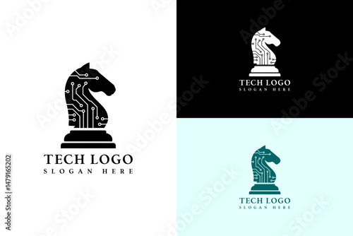 illustration of knight chess piece with neural lines, icon, vector logo for hi tech, data center, data transfer, fast data, artificial intelligence, database, cloud computing, machine learning