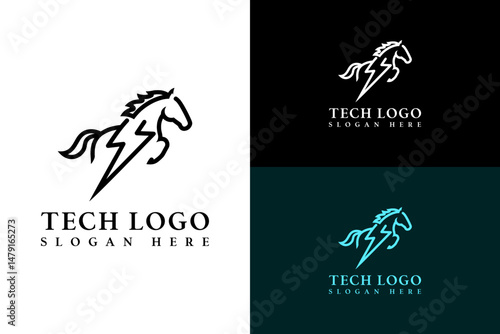 horse with lightning bolt fusion, illustration, vector, minimal, logo for tech, fast data, data transfer, machine learning, cloud computing, database, data center, blockchain, fintech, and more