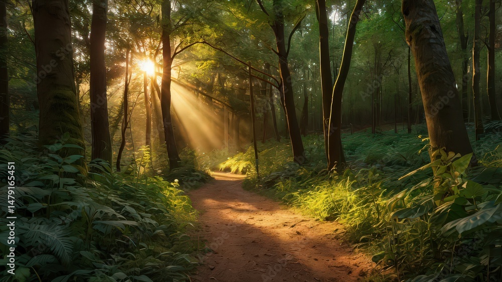 Fototapeta premium Sunlight streams through trees illuminating a path in a lush green forest during the daytime scene