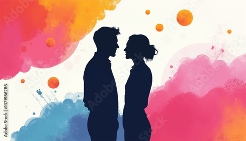 Romantic Couple Silhouetted Against Colorful Watercolor Splash Background
