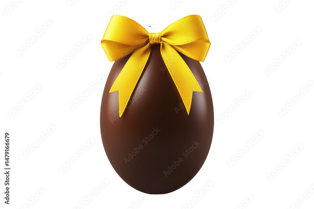 Glossy chocolate Easter egg tied with yellow ribbon in bow, isolated on white transparent background. Festive and sweet holiday celebration concept Glossy chocolate Easter egg tied with yellow ribbon in bow, isolated on white transparent background. Festive and sweet holiday celebration concept
