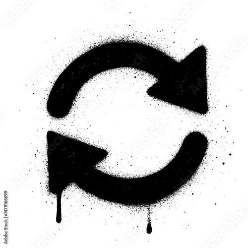 Urban graffiti style refresh or reload symbol created with black spray paint on a white background. The grunge effect, paint splatters, and dripping lines give the icon a raw, street art aesthetic.