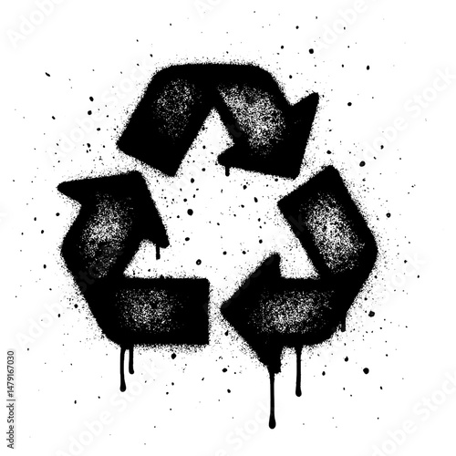 bold urban style recycling symbol in black and white, created with a graffiti spray paint effect.