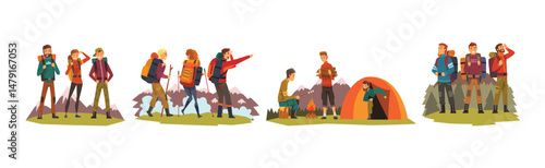 People Tourists with Backpack Hiking and Trekking Vector Set