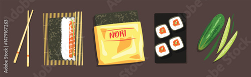 Sushi Preparation Ingredients and Product Vector Set
