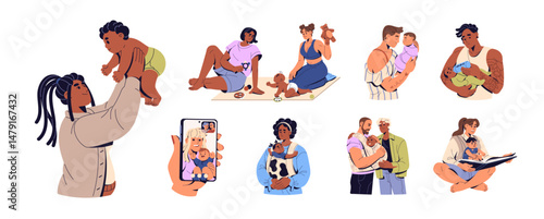 Set of parents with babies. Mothers, fathers hold infants, play with kids, care about newborns. Diverse happy families spend time together. Flat isolated vector illustrations on white background