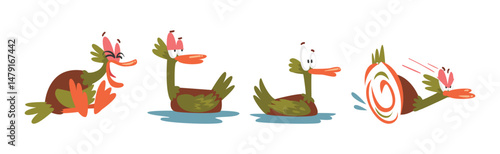 Funny Green Duck Character as Feathered Waterfowl Bird Vector Set