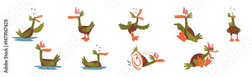 Funny Green Duck Character as Feathered Waterfowl Bird Vector Set