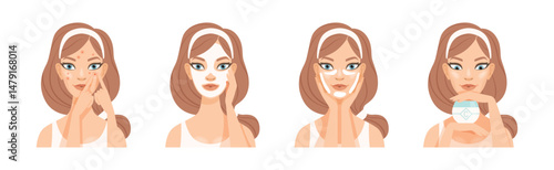 Woman Enjoy Skin Care Routine Daily Procedure Vector Set