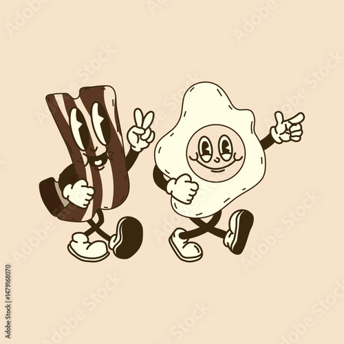 Fun and funky retro cartoon featuring bacon and eggs as a cheerful vintage breakfast pair