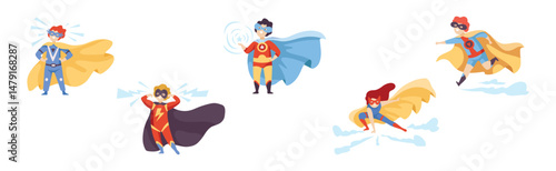 Boy and Girl Superhero Wearing Cloak and Cape Vector Set