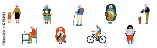 Active Senior Man and Woman Character Enjoy Different Activity Vector Set