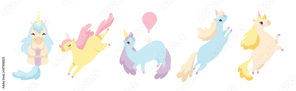 Naklejka premium Cute Unicorn with Twisted Horn and Mane Vector Set