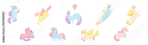 Cute Unicorn with Twisted Horn and Mane Vector Set