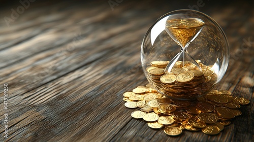 Time and money encapsulated.  A glass sphere encloses a golden hourglass with coins, suggesting the fleeting nature of wealth
