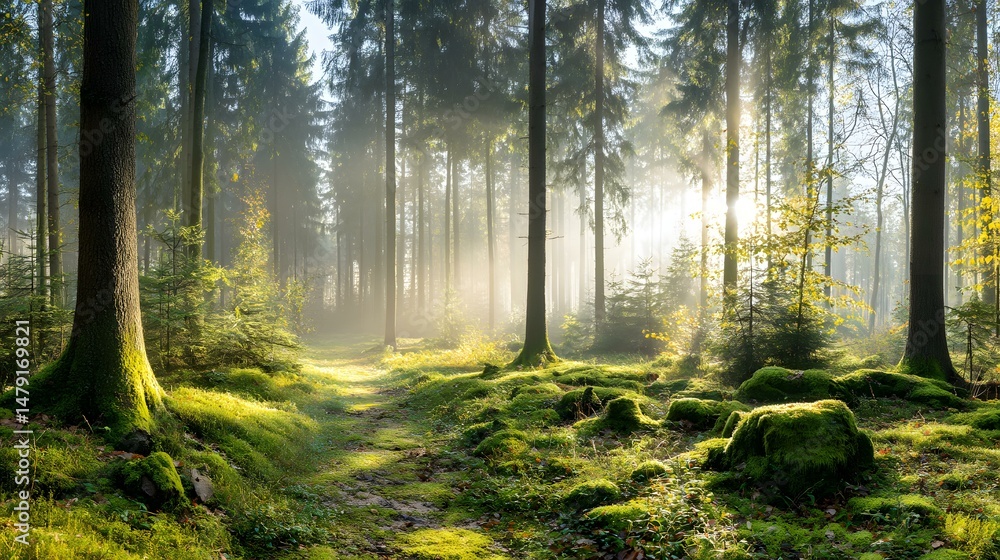Fototapeta premium with sunlight filtering through tall trees showing conservation
