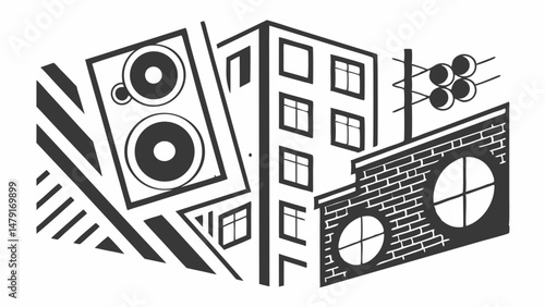 Urban Soundscape Monochrome Cityscape Illustration with Loudspeakers