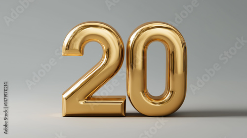 Luxurious 3D golden metal number 20 representing wealth and celebration in an elegant design
