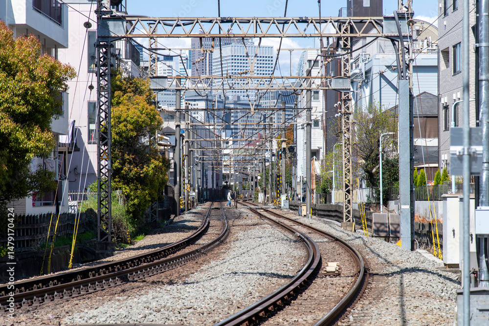 Fototapeta premium View over length of the railroad tracks in middle of residential area in Tokyo, Japan with in distance one person crossing the tracks at the crossing